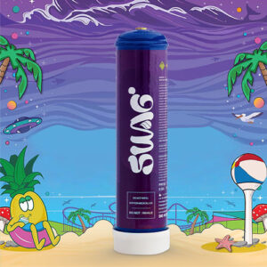 The image showcases a deep purple canister with the brand "swis" in bold white lettering displayed vertically. The canister has safety warnings at the bottom, including "DO NOT REFILL," "NOT FOR MEDICAL USE," and "DO NOT INHALE." The canister is set against an illustrated backdrop depicting a beach setting, complete with a cartoon duck character lounging on the sand, palm trees, a sunny sky with purple stylized waves, a flying saucer, a beach ball, and a starfish. This playful scene contrasts with the sleek design of the canister, suggesting a product designed for enjoyment in a fun and carefree environment.