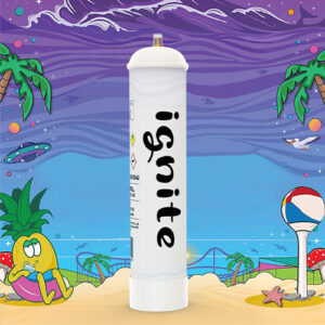 The image displays a tall white canister with the word "ignite" printed vertically in a casual black font. The canister also has small text and symbols likely pertaining to its use and safety, though these details are not clearly visible. It stands against a playful and colorful cartoon background that includes a sandy beach scene with a relaxed duck character, a beach ball, starfish, and a mushroom, as well as palm trees and a bright sky with purple waves and a flying saucer. The overall image combines the practicality of the canister with the joyful, carefree elements of a beach setting.