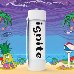 The image features a white canister with the word "ignite" written vertically in a bold, black font. The canister is placed against a cheerful cartoon background depicting a beach scene with a duck character wearing sunglasses, a beach ball, starfish, mushroom, palm trees, and a sunny sky with stylized purple waves. There are also quirky elements like a flying saucer in the sky, adding to the playful and imaginative feel of the scene. The canister's simple design contrasts with the vibrant and busy backdrop, making it stand out in the image.