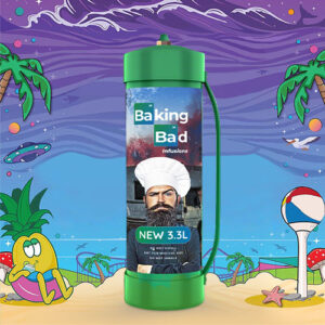 The image features a green canister with a central label for "Baking Bad Infusions." It showcases a portrait of a chef with a stern expression wearing a chef's hat and a beard. Below the portrait, there's text announcing "NEW 3.3L" and safety warnings "DO NOT REFILL," "NOT FOR MEDICAL USE," and "DO NOT INHALE." The canister is placed against an animated background that includes a beach setting with palm trees, a sandy shore, a cartoon duck character with sunglasses, a beach ball, starfish, and a mushroom. The sky has a whimsical touch with purple waves and a flying saucer. The canister's presentation against the playful backdrop creates a humorous and lighthearted contrast.