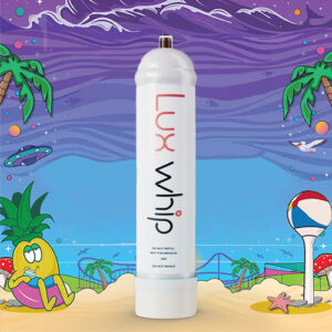 The image presents a white canister with the word "Lux" displayed vertically in a stylized font. The canister bears cautionary text at the bottom: "DO NOT REFILL," "NOT FOR MEDICAL USE," and "DO NOT INHALE." It stands against a colorful, cartoonish backdrop depicting a beach scene. This backdrop features a lounging cartoon duck character, palm trees, a sandy shore with a starfish and mushroom, a colorful beach ball, as well as imaginative elements like purple waves and a UFO in the sky. The overall design blends the simplicity and elegance of the product with the playful and relaxed beach theme.