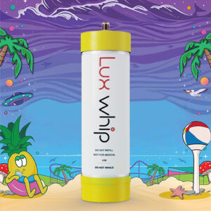 The image features a simple and clean design with a white canister labeled "Lux whip" in the center. The canister has additional text at the bottom that reads "DO NOT REFILL," "NOT FOR MEDICAL USE," and "DO NOT INHALE," which are typical safety warnings for culinary gas canisters. It is set against a playful cartoon background that includes a beach scene with a yellow duck character, palm trees, a sandy shore with a starfish and mushroom, a beach ball, purple stylized waves, and a flying saucer in the sky. The contrast between the minimalistic canister and the lively background suggests a product that brings a touch of luxury or sophistication to a fun and relaxed setting.