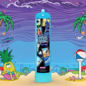 The image features a bright blue canister labeled "Miami Magic" with a vibrant display that includes images of beach scenes, palm trees, and people enjoying the waterfront. Text on the canister indicates a weight of "615g" and contains the cautions "DO NOT REFILL" and "NOT FOR MEDICAL USE." The canister is set against a playful and animated beach background with a sun-smiling cartoon duck character, a beach ball, starfish, and mushroom on the sand, alongside purple waves and a flying saucer in the sky. The overall aesthetic conveys a fun and festive atmosphere, likely associated with the product's use in creating culinary delights.