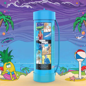 The image showcases a bright blue canister with a central label featuring "Miami Magic Infusions" against a tropical beach-themed collage with images of palm trees, a flamingo float, and people relaxing by the sea. The label also contains warnings such as "DO NOT REFILL" and "NOT FOR MEDICAL USE." This product, presumptively for culinary use, is set against an animated beach scene background with playful elements like a lounging cartoon duck, a beach ball, starfish, and whimsical additions like a flying saucer and purple ocean waves. The setting creates a light-hearted and fun vacation vibe.