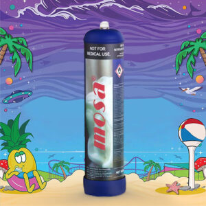 The image features a blue canister in the foreground with the label "Mosa" visible in the center. The canister is set against a playful backdrop that includes a cartoon-style beach scene with palm trees, a sandy shore, a yellow cartoon duck character, a beach ball, and other beach elements. Above the label "Mosa," there is a clear warning that reads "NOT FOR MEDICAL USE," along with a diamond-shaped hazard symbol. The backdrop also includes purple waves, a flying saucer, and stylized clouds in the sky, adding a whimsical touch to the image. The canister appears to be a product used for culinary purposes, and the setting suggests a light-hearted and enjoyable context.