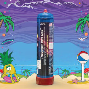 The image features a blue and red canister, prominently displayed against a cartoon-style beach scene. The canister is labeled "SupremeWhip MAX" with a visible notice stating "NOT FOR MEDICAL USE" and a warning to "KEEP AWAY FROM MINORS." The label on the canister includes additional text and symbols presumably pertaining to its usage and safety information. The whimsical background includes palm trees, a sandy beach with a lounging cartoon duck character, starfish, a mushroom, a beach ball, and surreal elements like a flying saucer in the sky and stylized waves. The overall image is playful and suggests that the product is meant for culinary purposes in a fun setting.