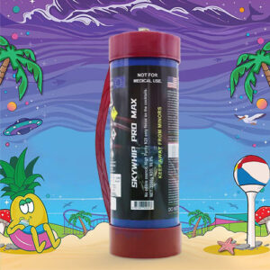 The image presents a red canister with a label reading "SupremeWhip MAX" placed against a vibrant, animated beach scene. The label includes a clear cautionary statement "NOT FOR MEDICAL USE" and a directive "KEEP AWAY FROM MINORS." The canister features additional text and symbols that are related to its use and safety warnings. The canister is centrally positioned with part of its label reflecting the cartoonish background, which is composed of palm trees, a clear blue sky, purple wave patterns, a cartoon duck character lounging on the sand, a beach ball, and a starfish, all contributing to a light-hearted and playful atmosphere. The design suggests it is a product intended for culinary applications, set in a way to evoke a sense of fun and enjoyment.