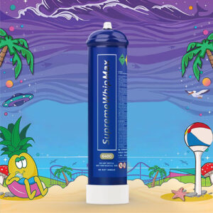 The image features a whimsical cartoon-style beach backdrop with a large blue canister in the center. The canister is labeled "SupremeWhip MAX" and has additional text and symbols, including its weight of "640g" and a warning indicating that the product is under pressure. It appears to be a product designed for culinary use, possibly a whipped cream charger. The background includes playful elements such as palm trees, a smiling sun, stars, a flying saucer, and a cartoon duck character on the beach, which contributes to a fun and relaxed vibe. A beach ball, starfish, and mushroom are also seen in the sand, adding to the scene's playful charm.