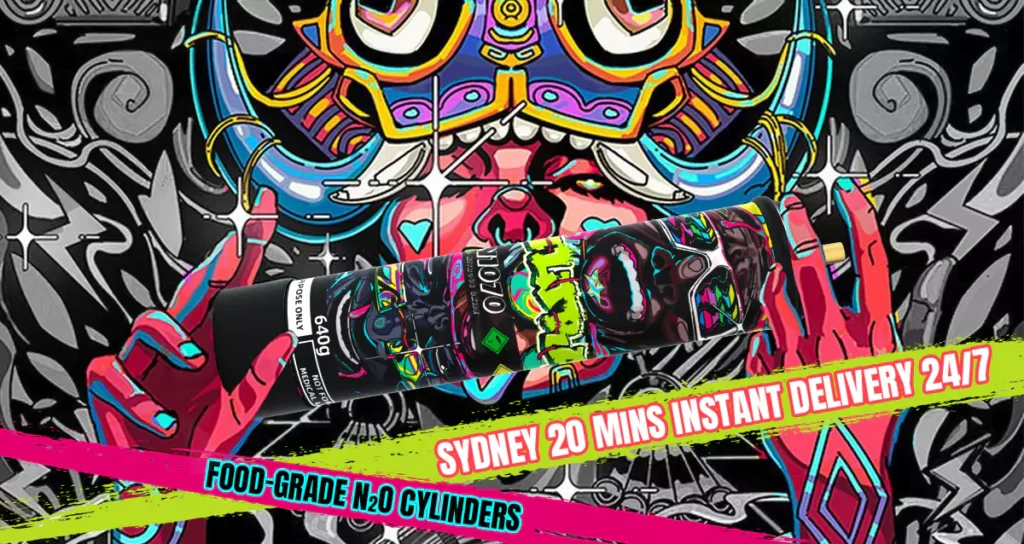 The image is a wide-format, vibrant advertisement featuring a central canister with a colorful, graffiti-like design on a black background that is part of the larger, intricate mural-style artwork. The canister is held by a stylized hand, suggesting it's being offered to the viewer. The artwork features bold, tribal-like patterns and a mask-like figure with intense colors. Bright pink and yellow neon stripes frame the text at the bottom, which reads "FOOD-GRADE N2O CYLINDERS" and "SYDNEY 20 MINS INSTANT DELIVERY 24/7," highlighting the product's features and the service's quick delivery promise. The high-contrast colors and striking graphics give the image an energetic and edgy feel.