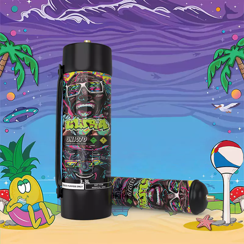 The image features two cylindrical canisters, one standing upright and the other lying horizontally, against a playful, animated background that combines beach and space elements. The canisters have a black base color with a colorful, graffiti-style design, including a prominent face and the logo "ULTRA." Text on the canisters includes "3.3L" and "FOOD PURPOSE ONLY NOT FOR MEDICAL USE," indicating the product's capacity and intended use. The background has palm trees, a sandy beach, a cartoonish duck character, a starfish, a mushroom, a beach ball, and fantastical elements like purple waves and a flying saucer in the sky, adding a whimsical and imaginative touch to the scene.